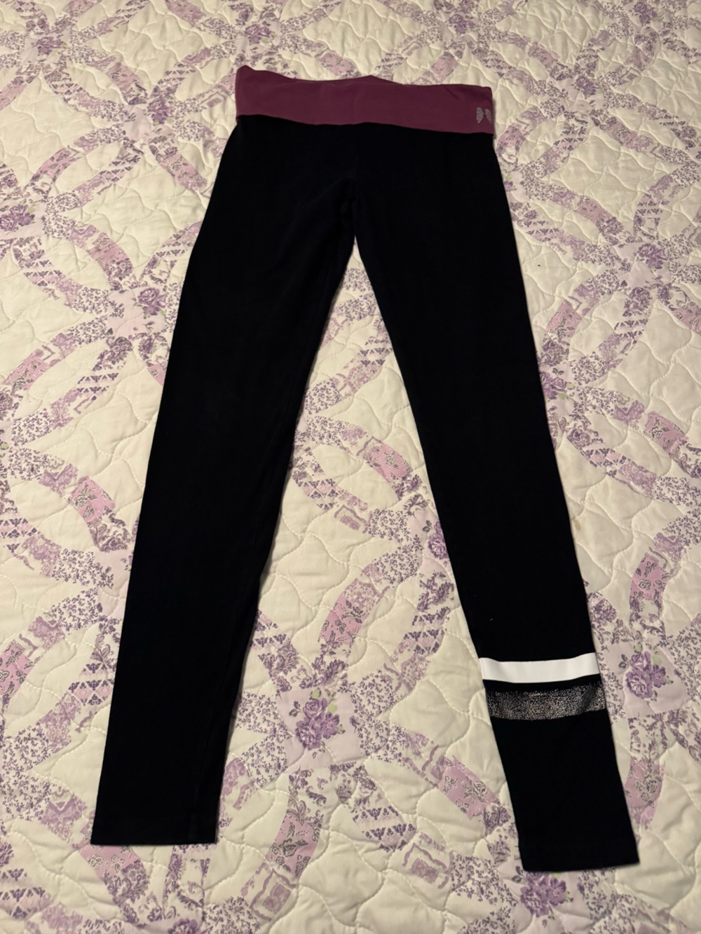 Victoria's Secret Black Leggings with Plum Waistband and Metallic Stripe